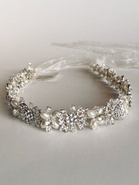 David's Bridal Petite Pearl and Crystal Floral Tie back Headband Hairpiece